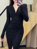 Elegant Red Sheath Dress Autumn Chic V-Neck Style Dress