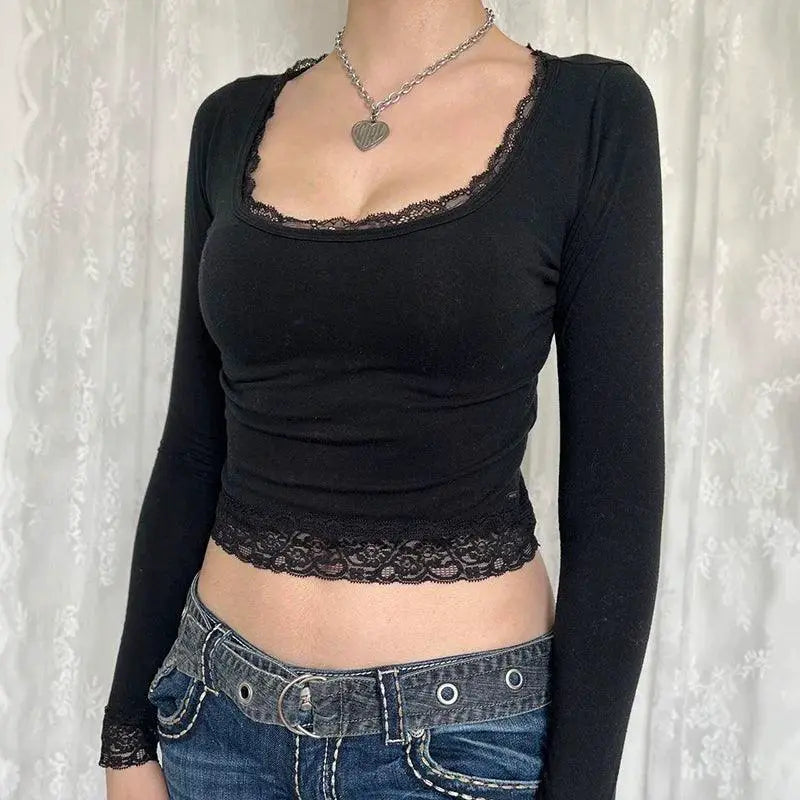 Dark Square Neck T Shirt With Lace Trim Fashion Edition