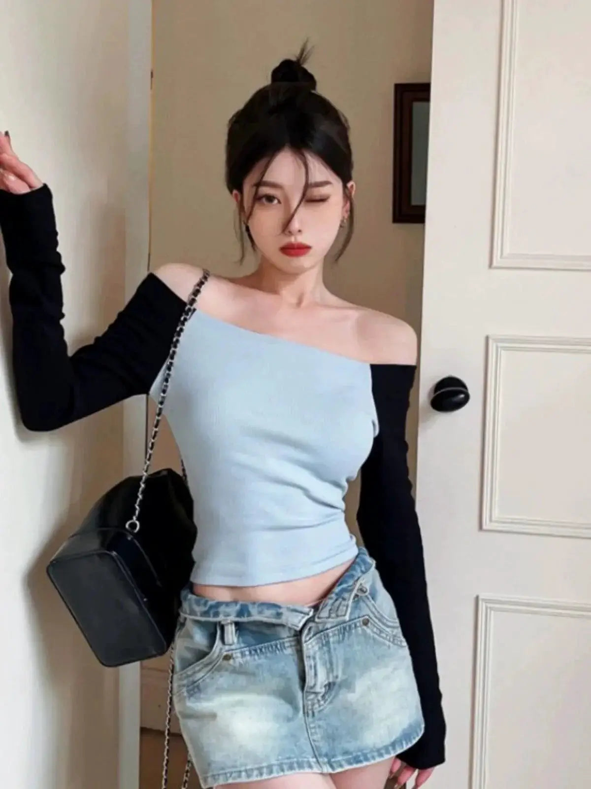 Off Shoulder Patchwork Shirt Retro Chic Elegance And Comfort