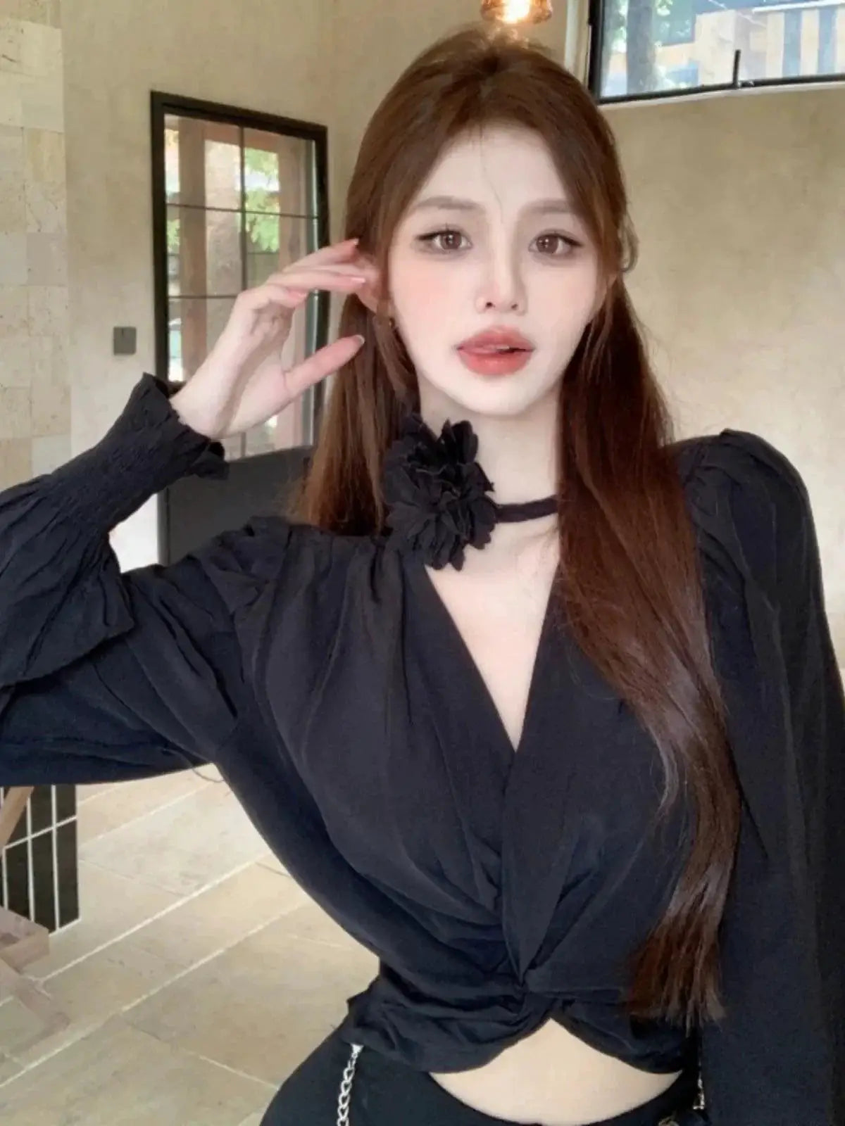 Cross V Neck Long Sleeve Shirt Chic Fashion Statement