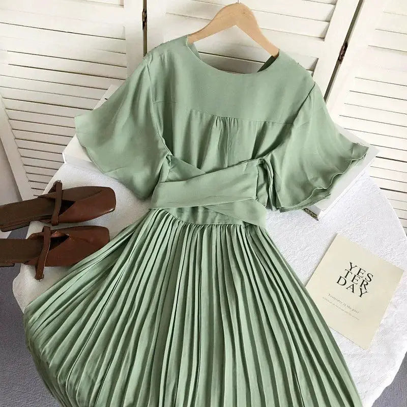 Solid Color High Waist Pleated Dress With Cross Strap