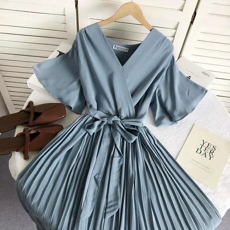 Solid Color High Waist Pleated Dress With Cross Strap