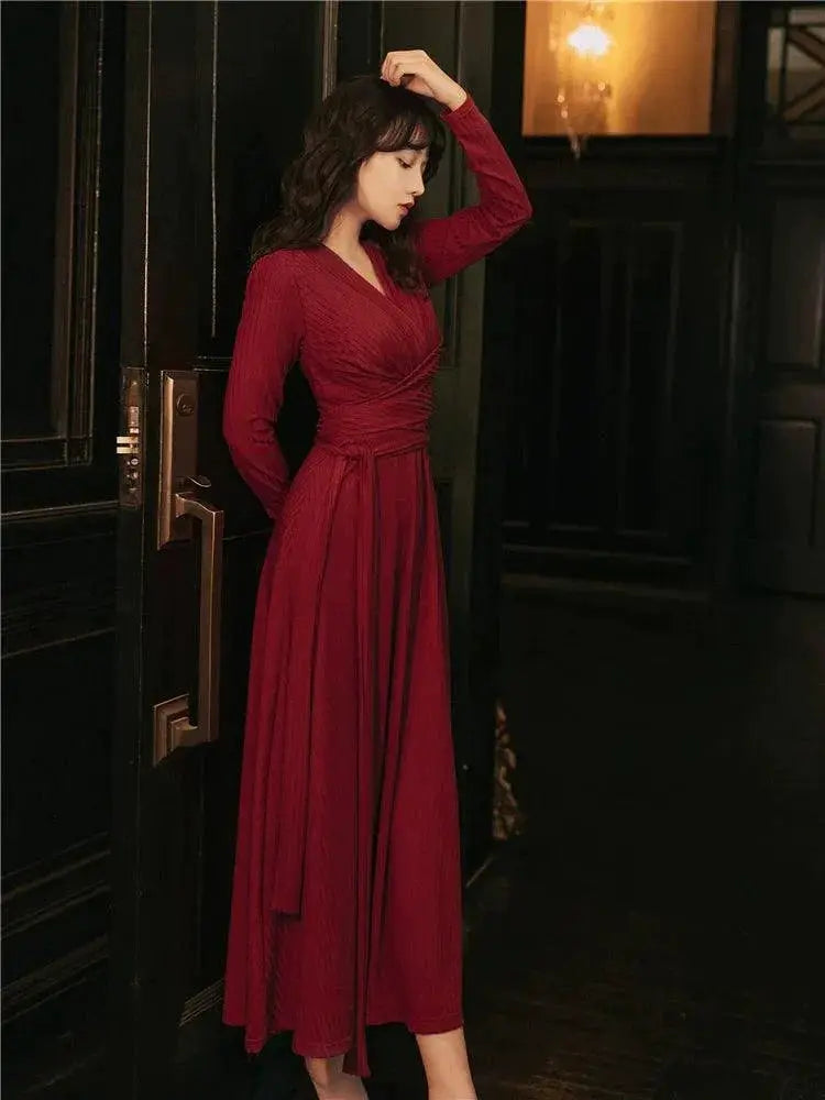 Knitted Goddess Red Dress For Elegant Women Apparel
