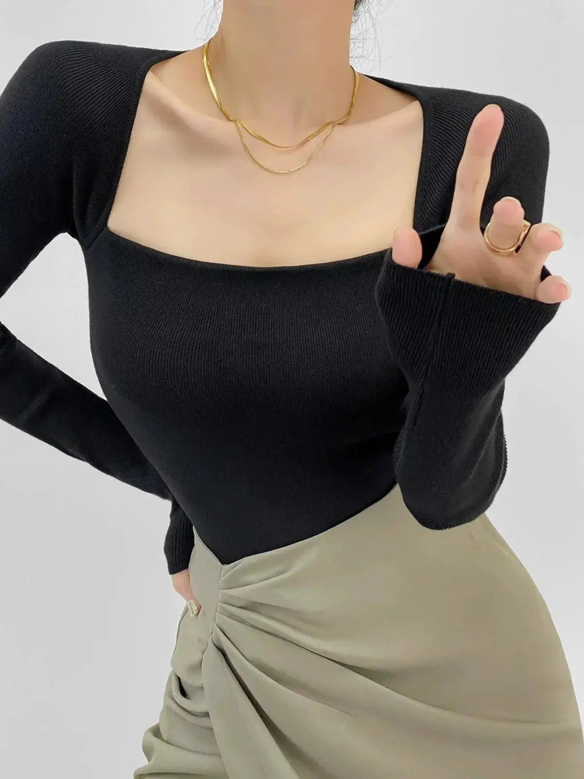 Paperman Retro Square Collar Knit Shirt Off Shoulder