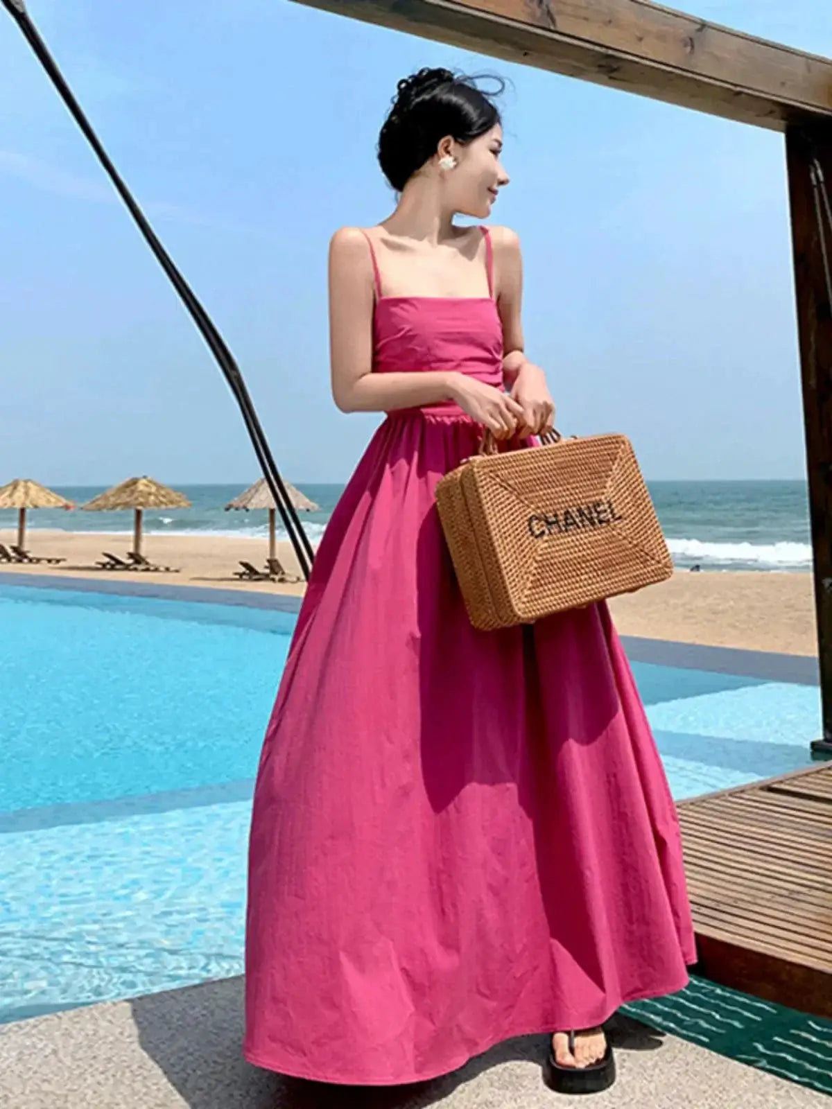 Rose Red French Style Seaside Sling Dress For Summer 2023