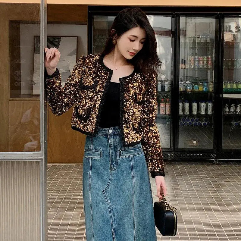 Fujia Gold Sequin Jacket Radiates Elegant Evening Glamour