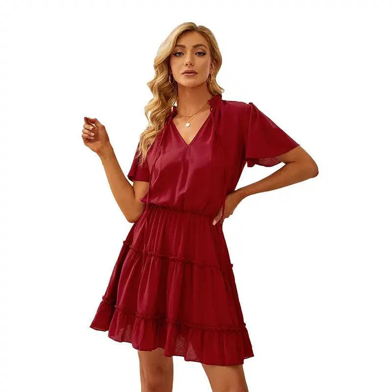 Dilamon Waist Tight Sexy V Neck Short Sleeve Dress Women