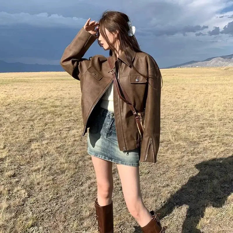 Retro Distressed Leather Motorcycle Coat Street Style Chic