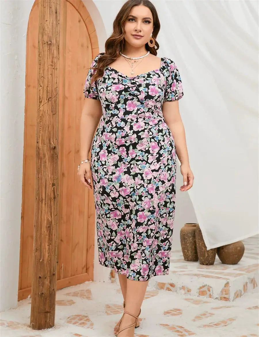 Plus Size Floral Puff Sleeve Dress Summer Chic Garden Party