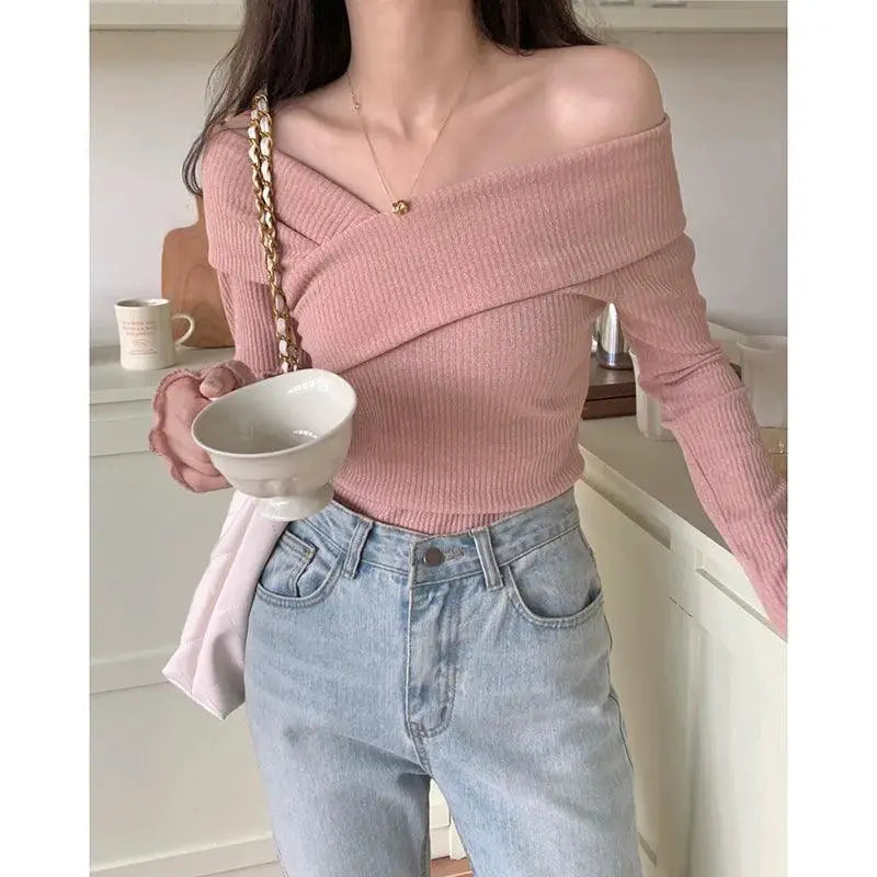Off Shoulder Long Sleeve Sweater Korean Fashion Statement