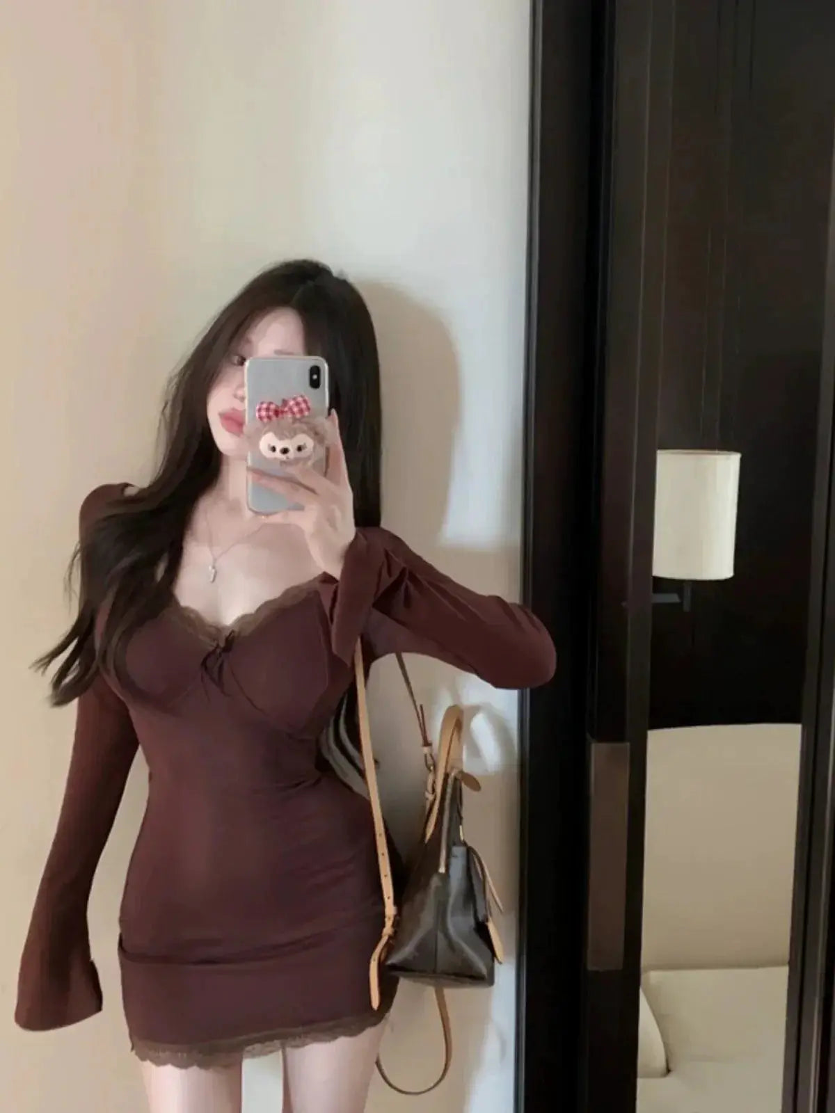 Stylish Lace Trim Long Sleeve Women's Dress For Autumn