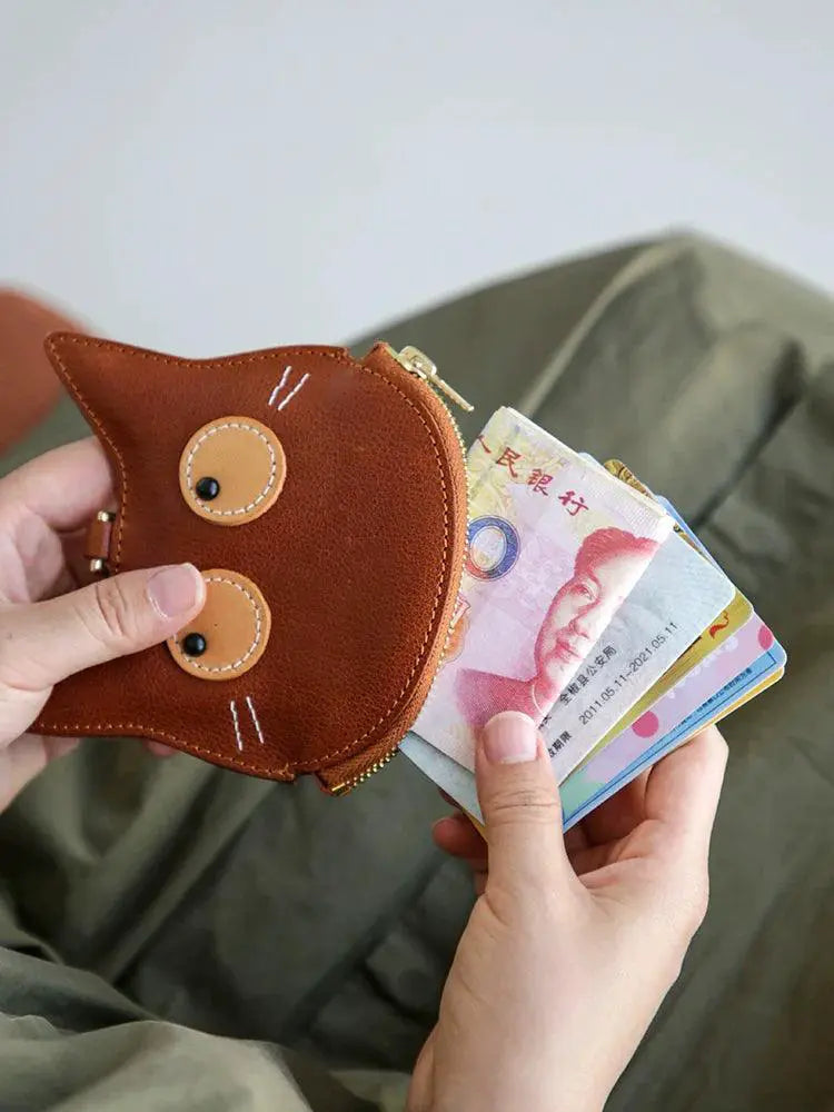 Retro Cat Coin Purse Genuine Leather Bag For Women
