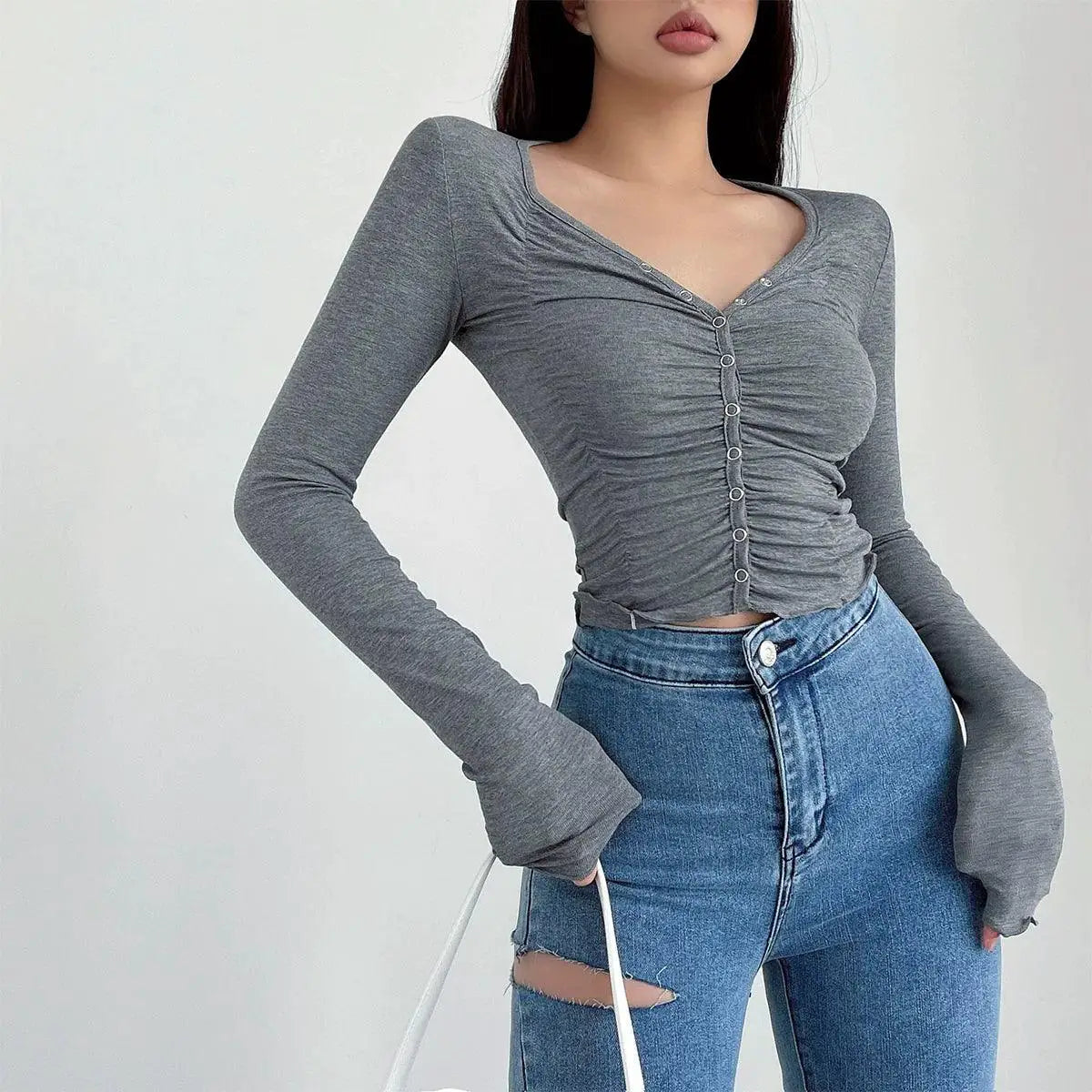 Liviahome Ruched V Neck Long Sleeve Shirt 2024 Fashion