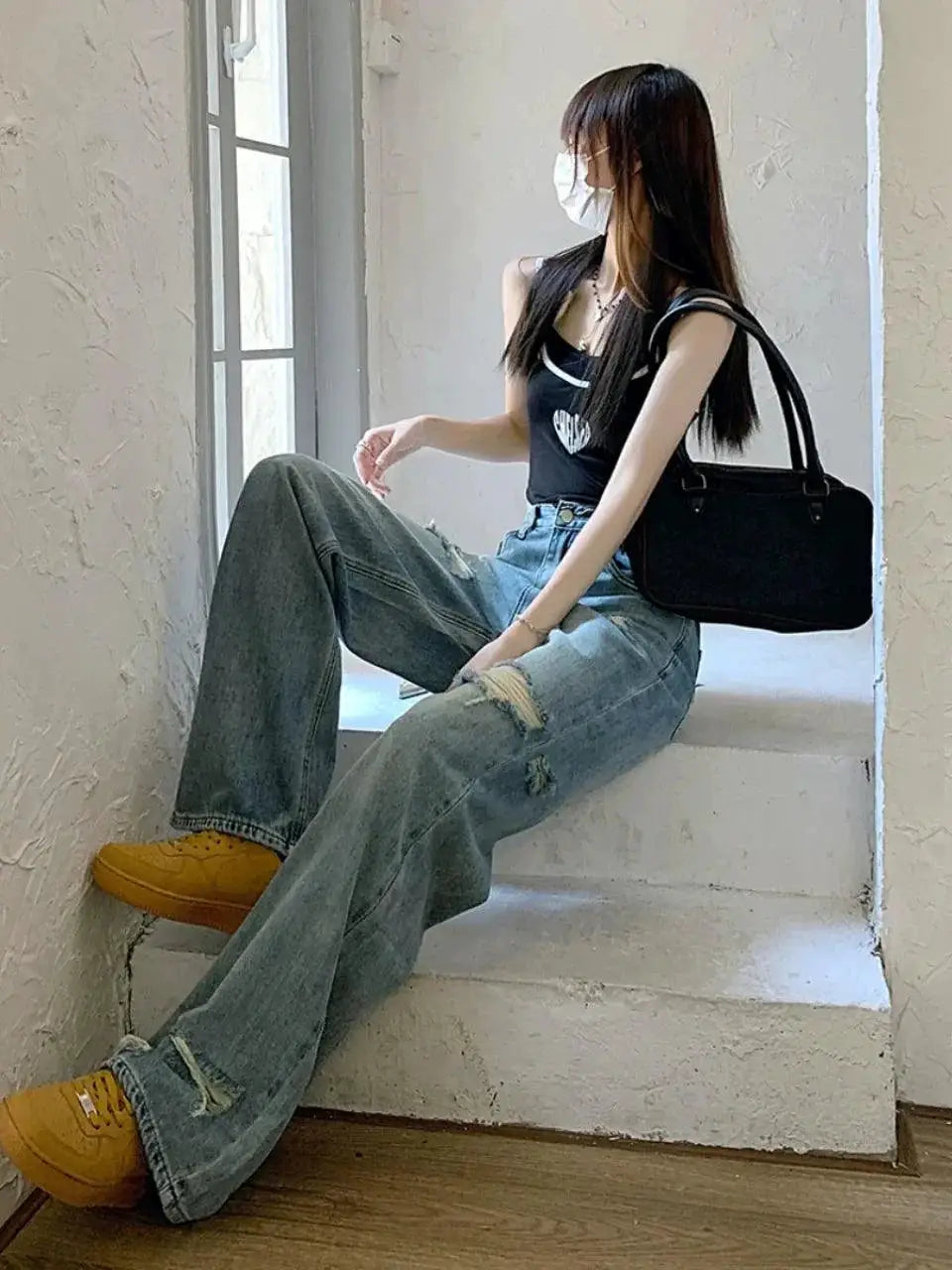 Retro Distressed Wide Leg Denim Jeans Street Style