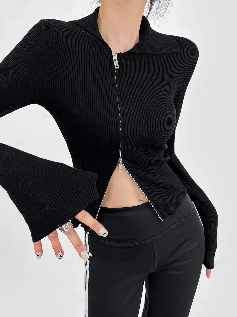Double Z Asymmetric Zipper V Neck Sweater Chic Style