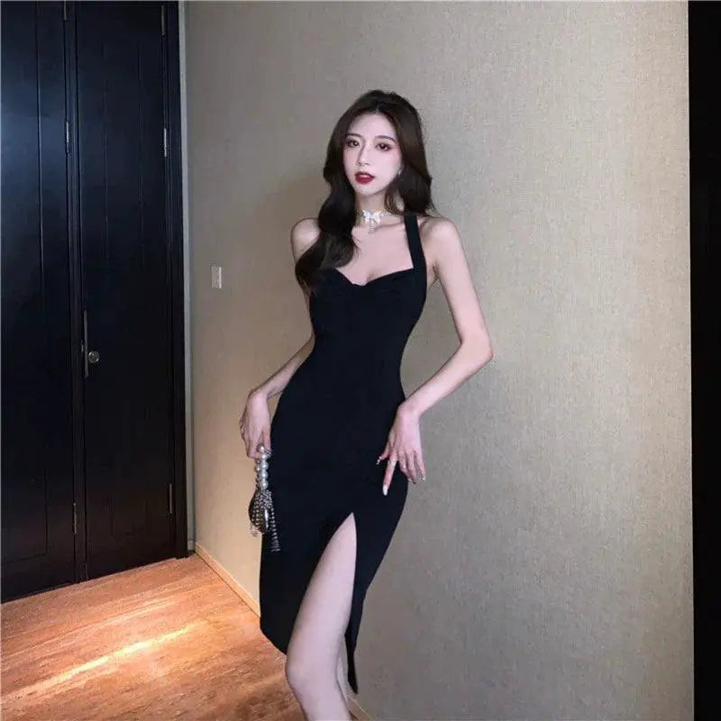 Luxury Black Halter Dress Elegant French Style Statement