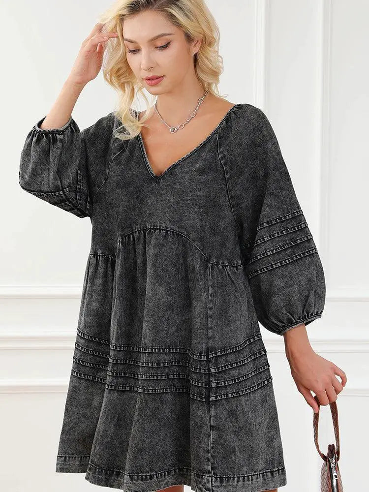 New V Neck Denim Knee Length Skirt Open Back Loose Pullover