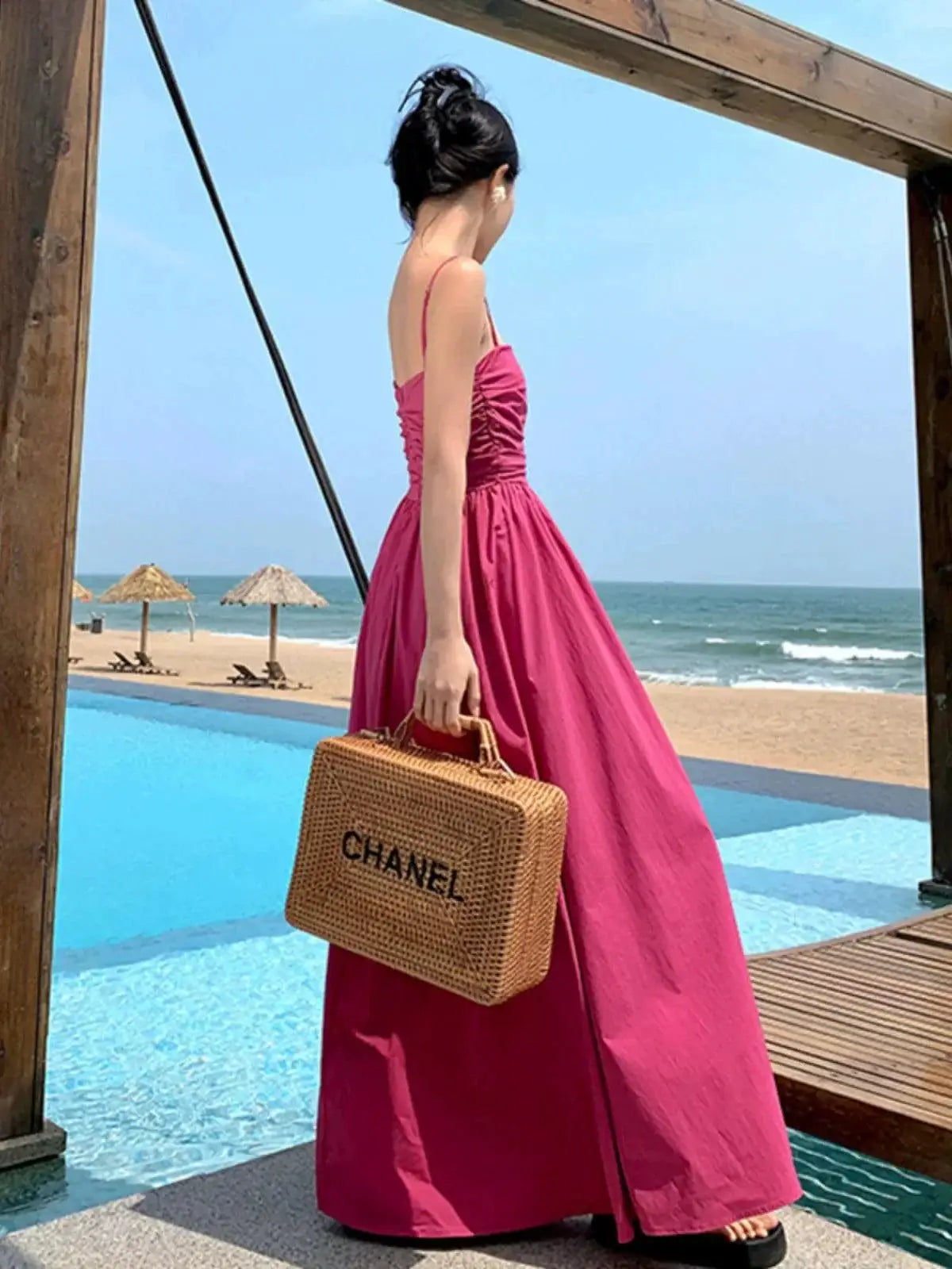 Rose Red French Style Seaside Sling Dress For Summer 2023