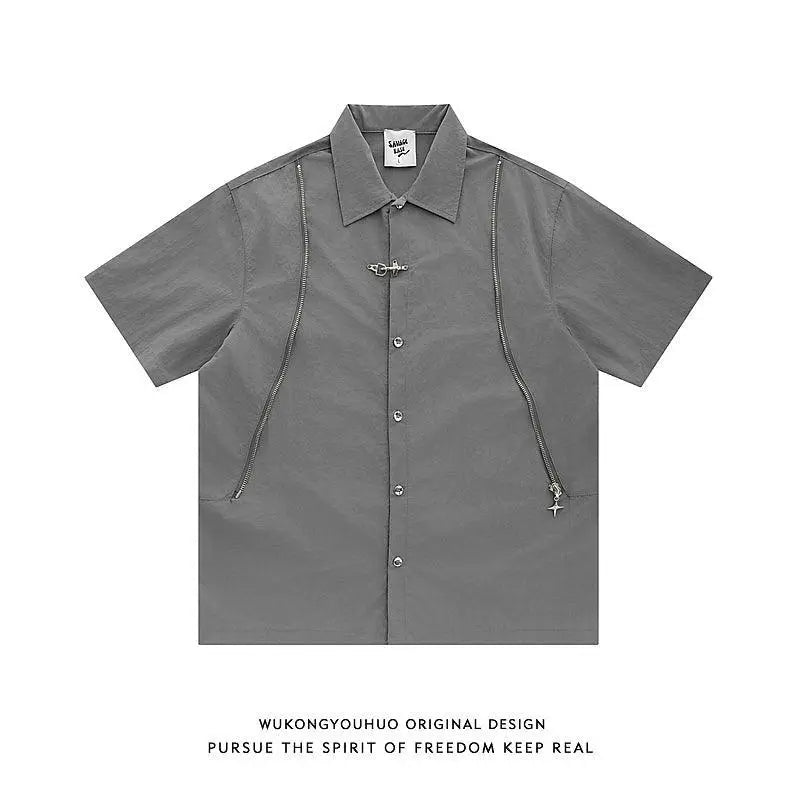 Wukong Goods American Retro Zipper Short Sleeve Shirt