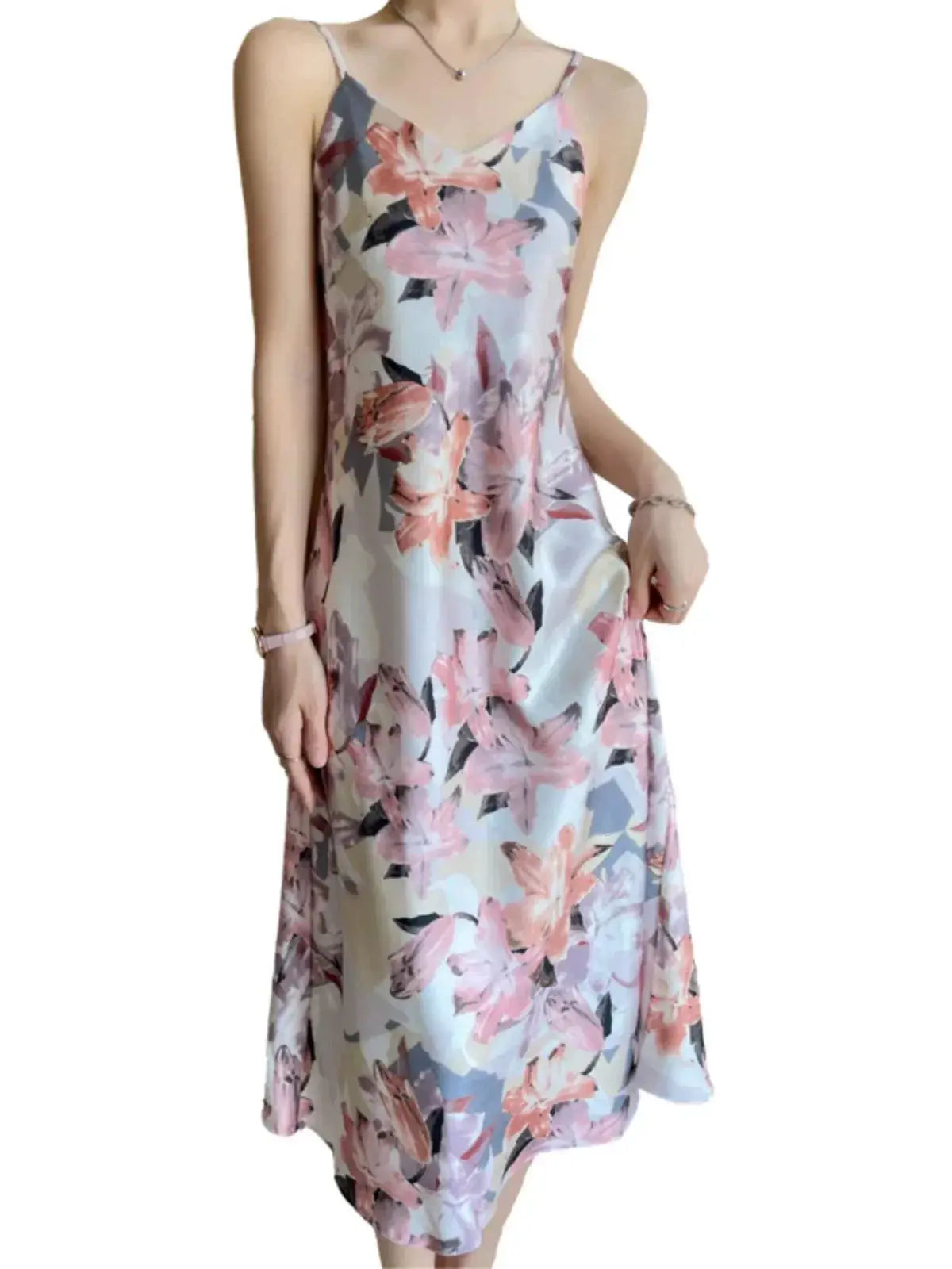 Silk Floral Sling Dress Elegant French Design for Women