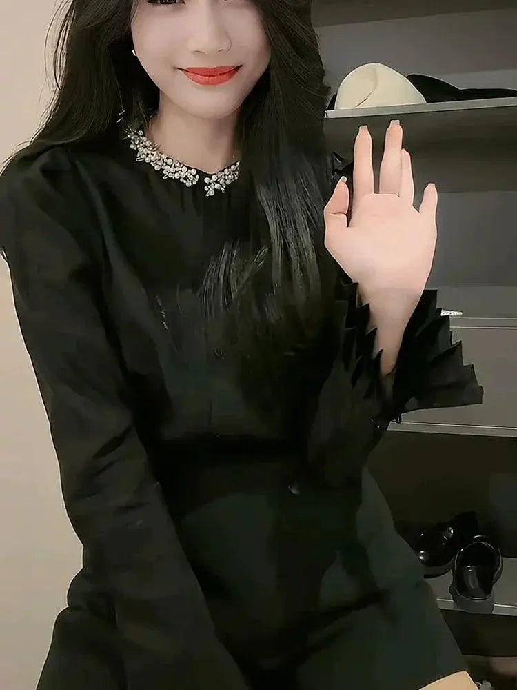 French Short Shirt Diamond Pleated Bell Sleeve Top