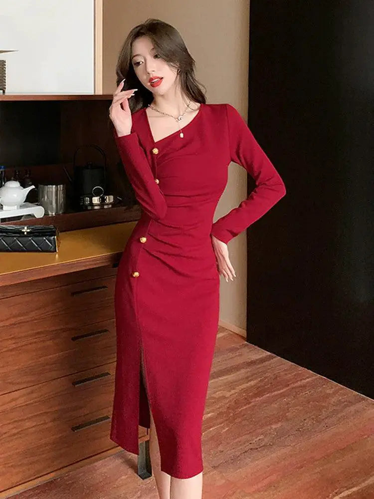 Elegant Red Sheath Dress Retro Chic V Neck Slit Detail