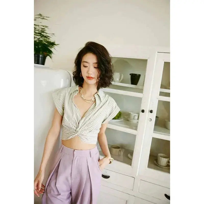 Rosebanks Purple Striped V Neck Shirt Chic Summer Style