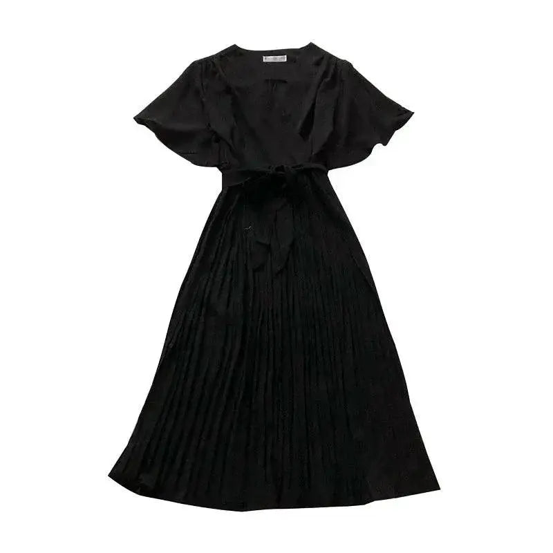 Solid Color High Waist Pleated Dress With Cross Strap