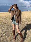 Retro Brown Distressed Leather Motorcycle Coat Street-Style Chic