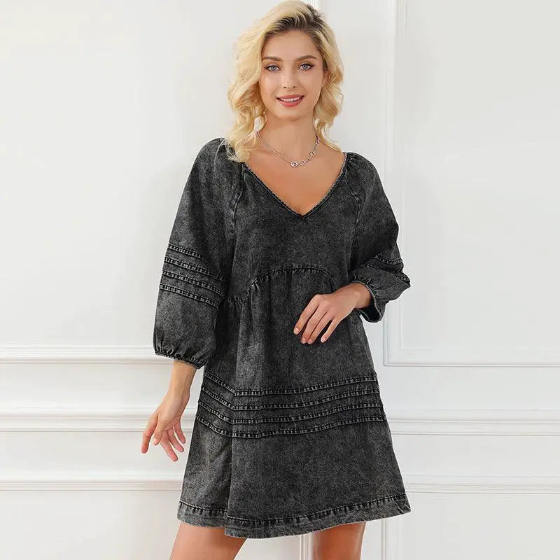New V Neck Denim Knee Length Skirt Open Back Loose Pullover
