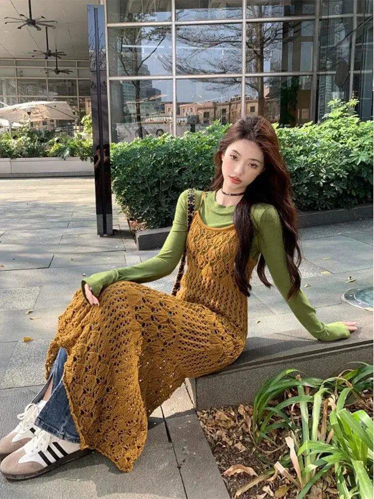 Korean Knitted Bandage Dress Chic Spaghetti Strap Outfit