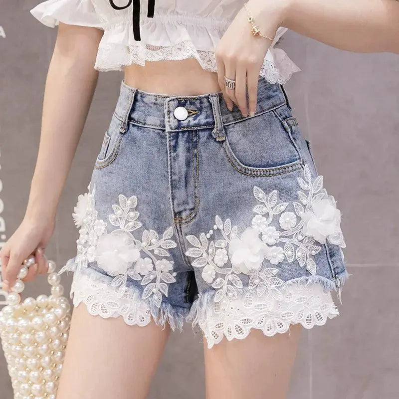European Floral Embroidered Denim Shorts High Waist Summer