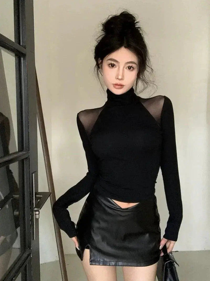 Spring Youth Mesh Turtleneck Top For Trendsetting Style