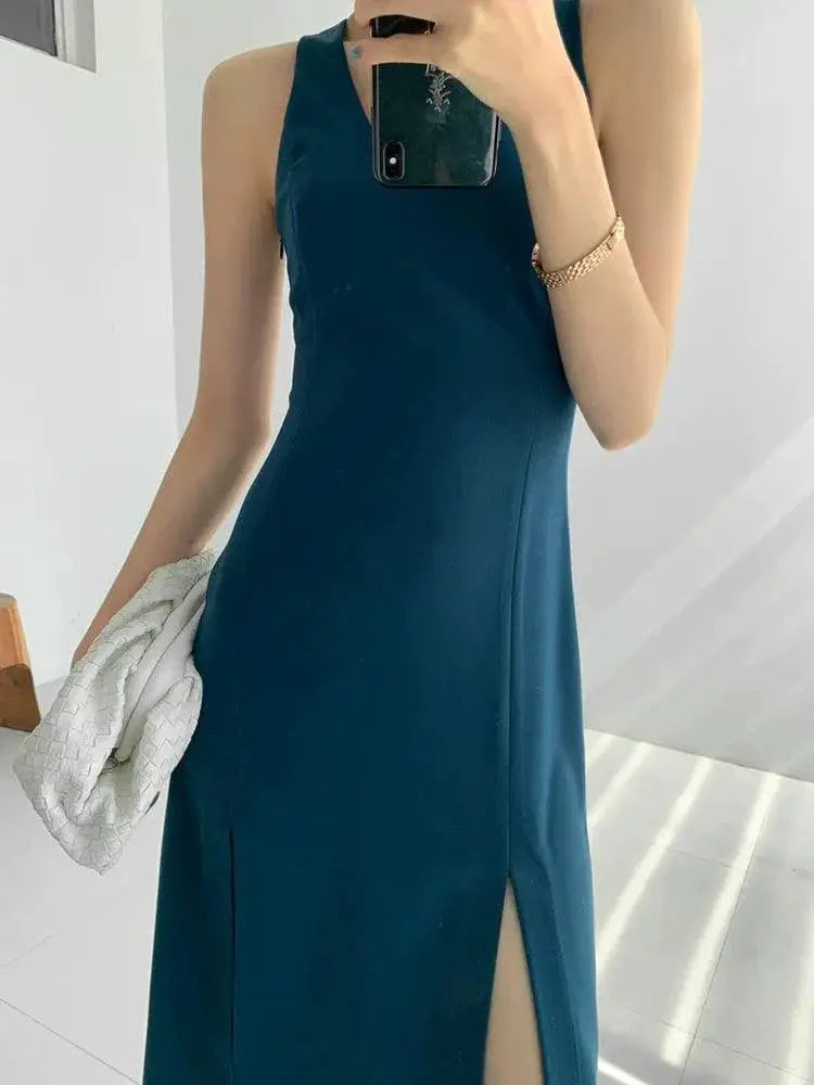 Blue Slim Fit Summer Vest Dress Elegant Womens Fashion
