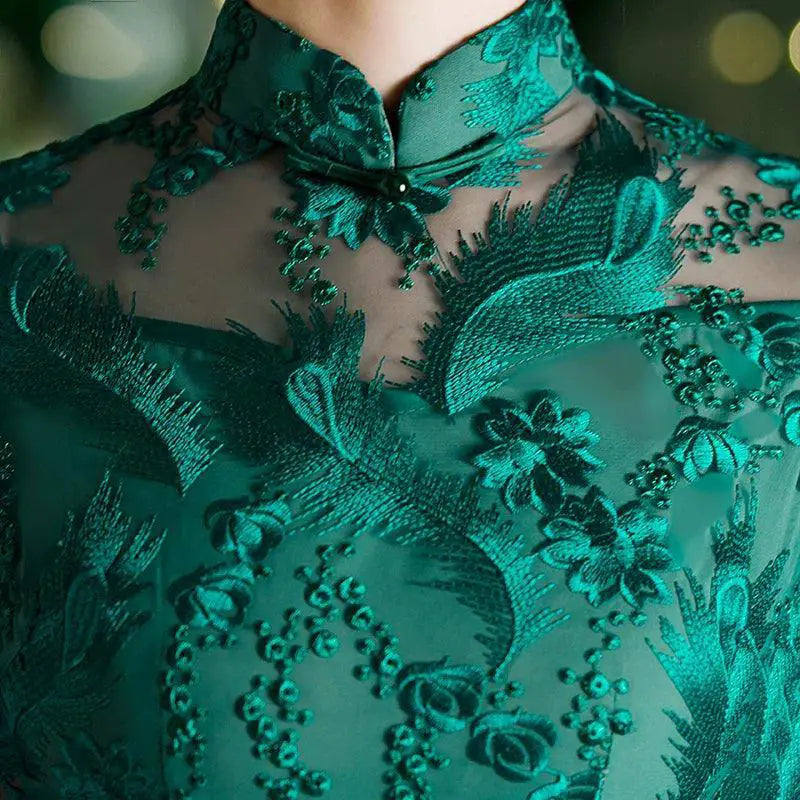 Elegant Green Lace Cheongsam Dress Retro Style Evening Wear