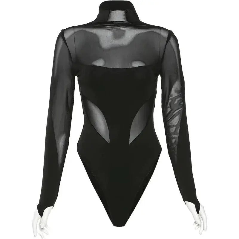 Patchwork Mesh Long Sleeve Tee With Half High Collar Fashion