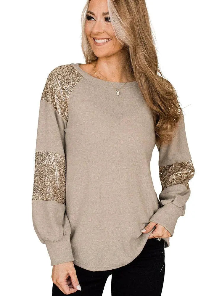 Fall Winter Sequin Long Sleeves Casual Women T Shirt