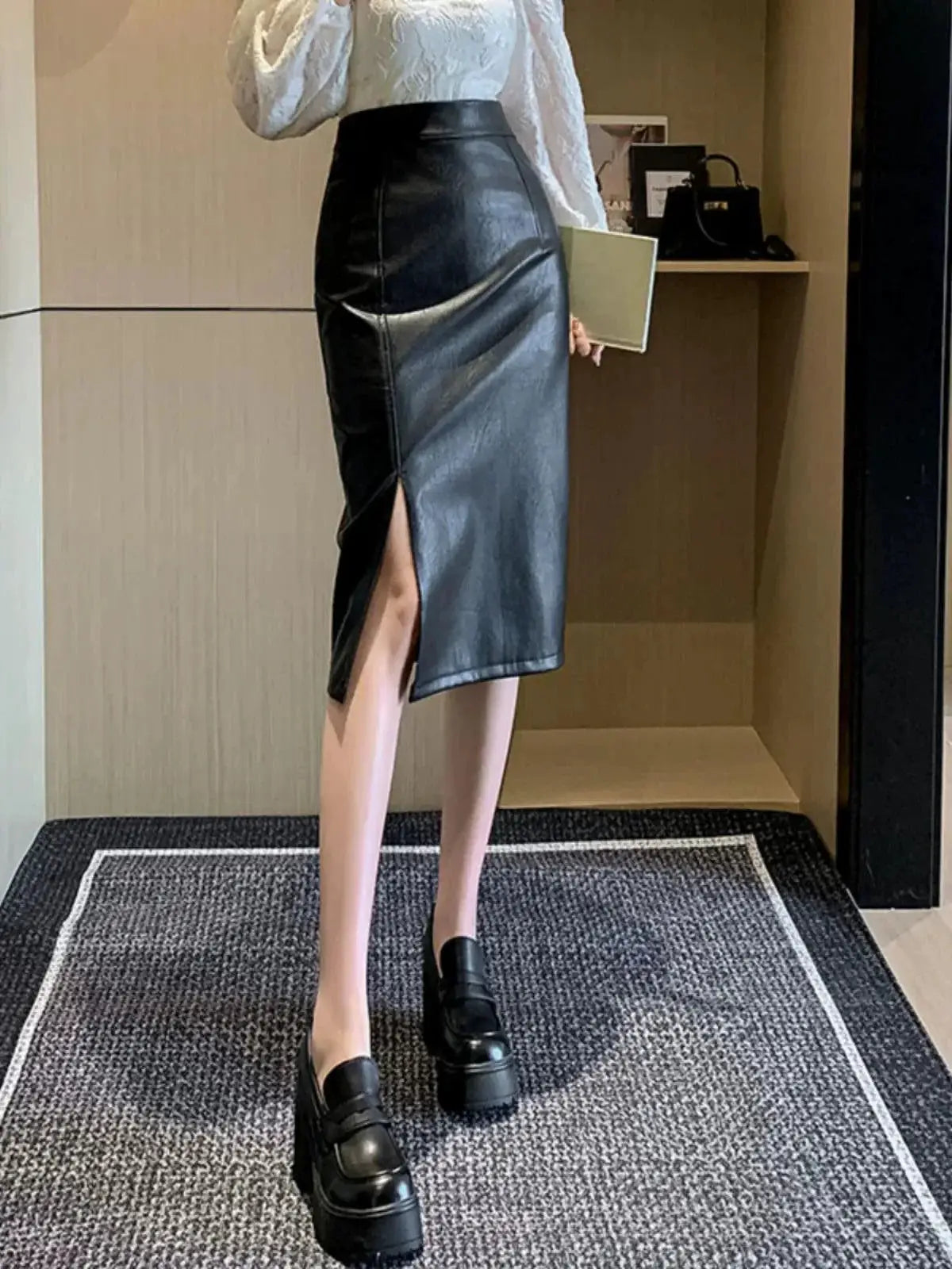 Autumn Leather Skirt Slim Fit High Waist Elegant Chic Style