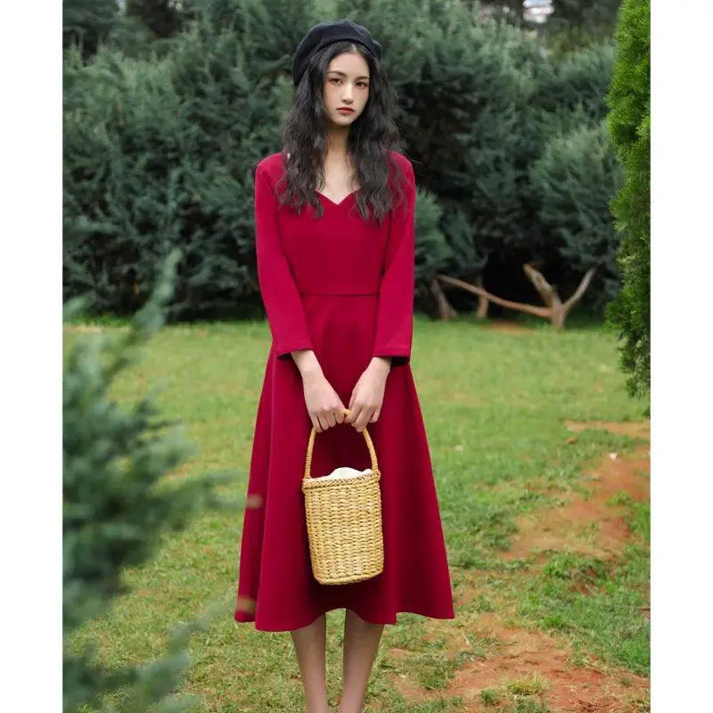 Retro Red Vintage Chic Dress Nine Quarter Sleeve Elegant