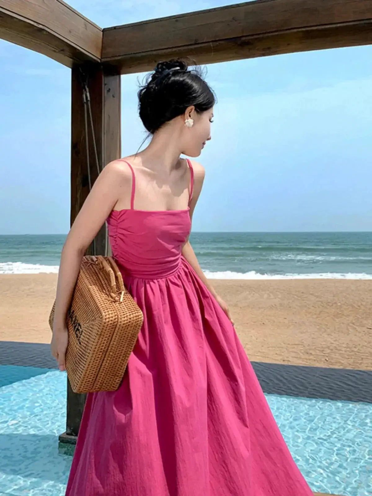 Rose Red French Style Seaside Sling Dress For Summer 2023