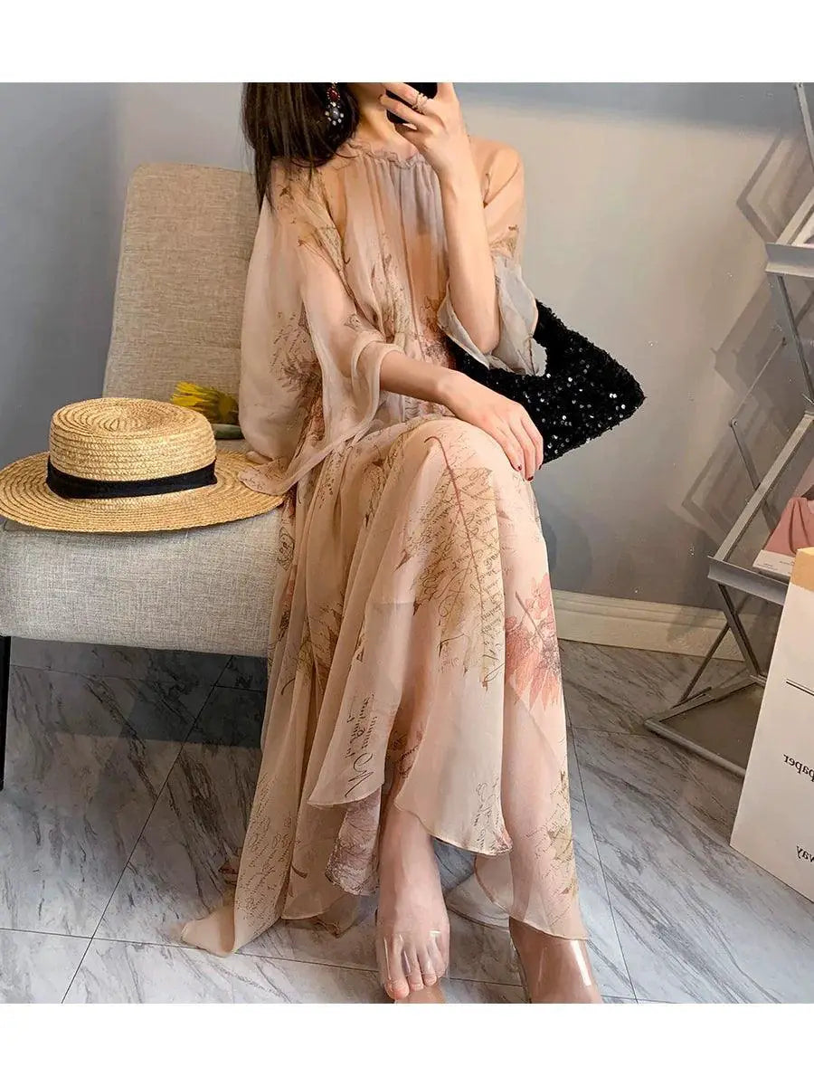 Chiffon Floral Dress Elegant Bohemian A Line Skirt