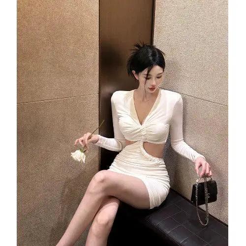 Spice Girls Vibe Ruched Hollow Out V Neck Slim Fit Skirt