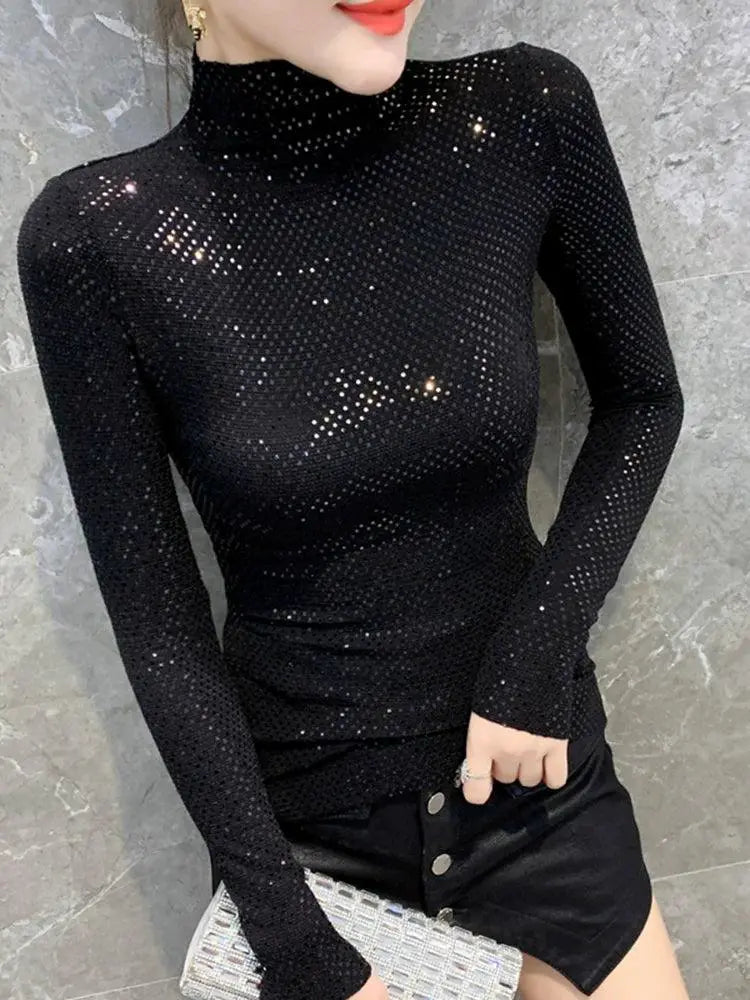 European Chic Sequin Turtleneck Shirt For Autumn Fashion