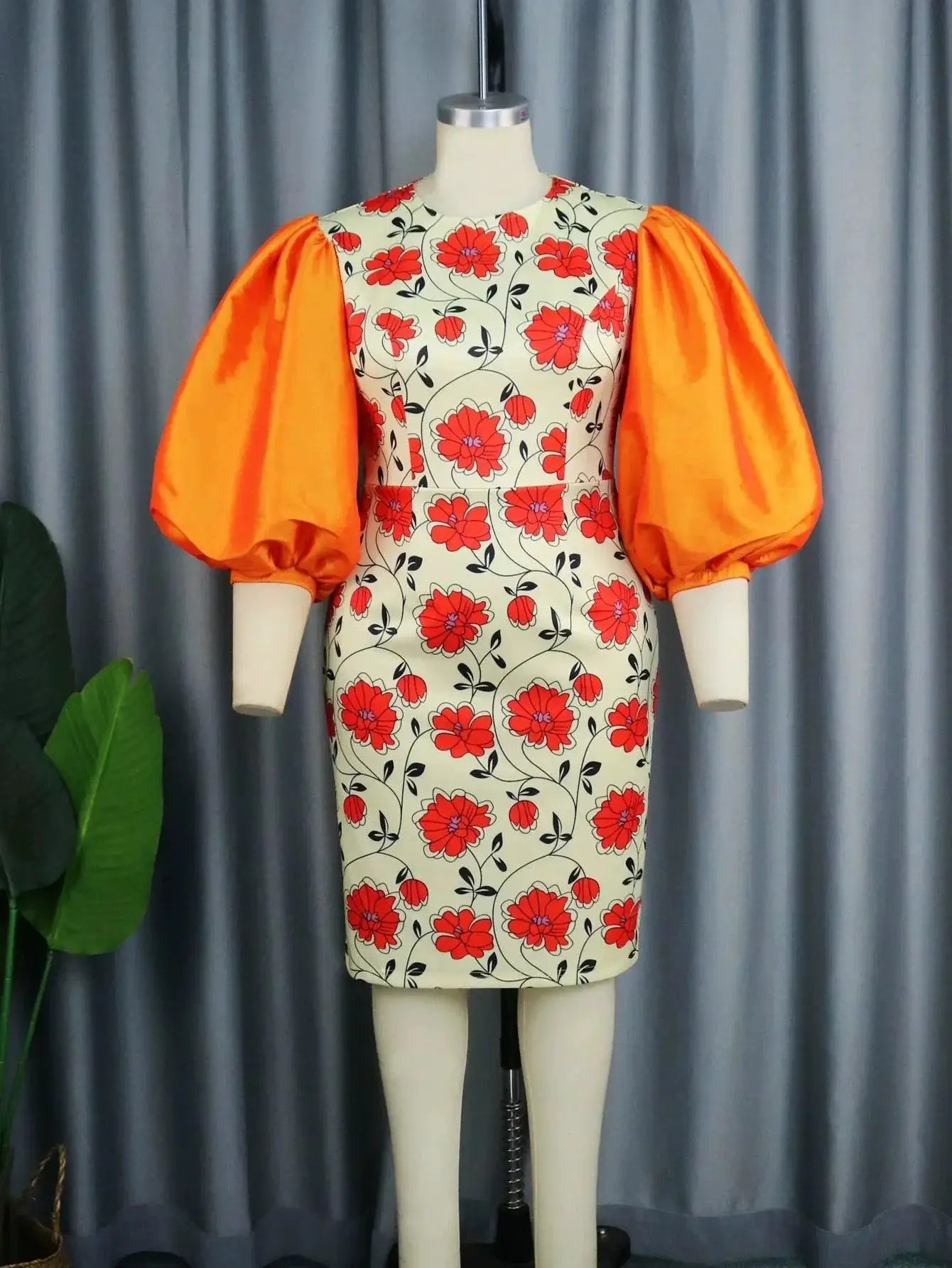 4XL Womens Printed Lantern Sleeve Dress Plus Size Fashion