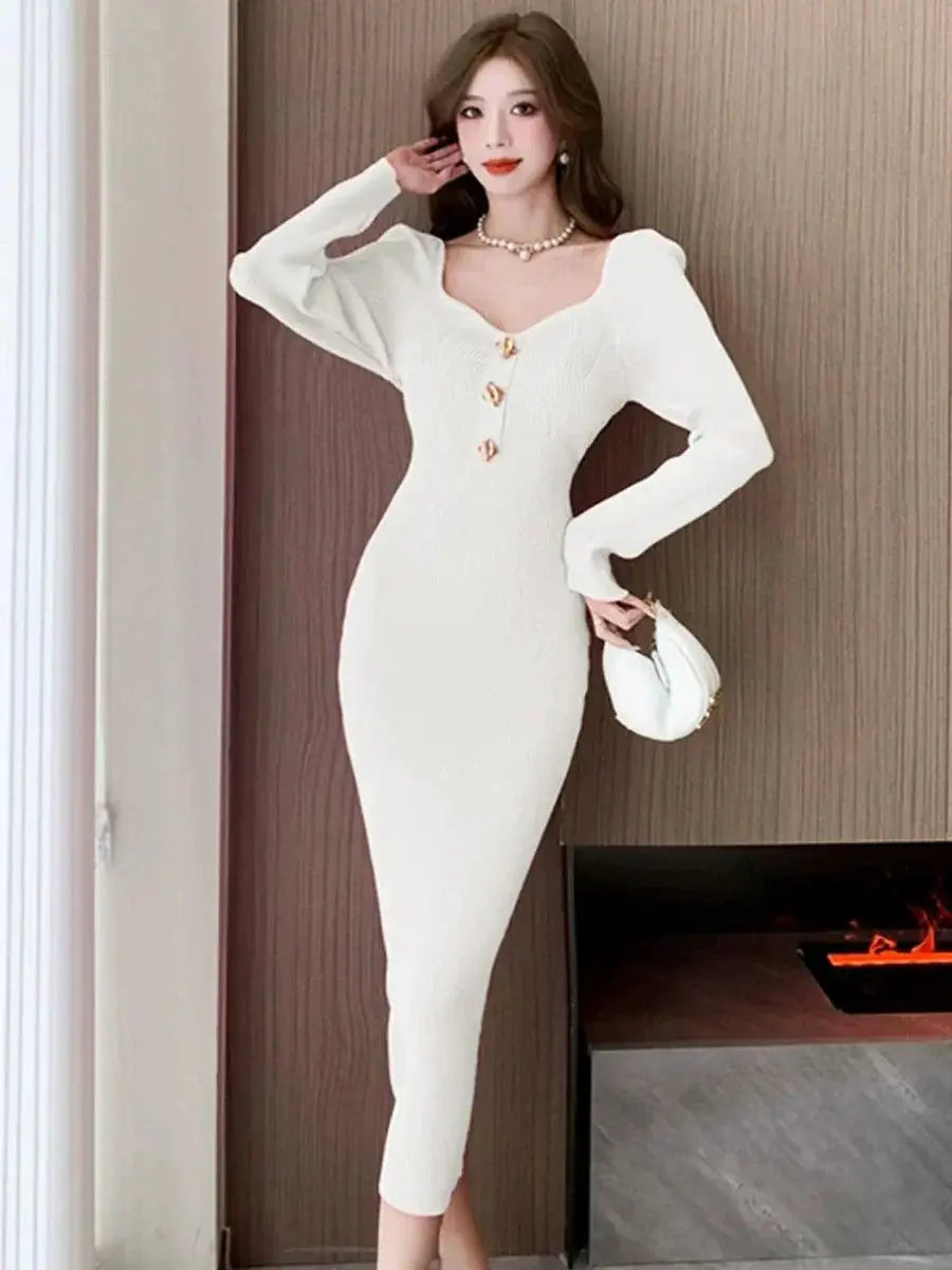 French Square Collar Knit Dress For Autumn Winter Style