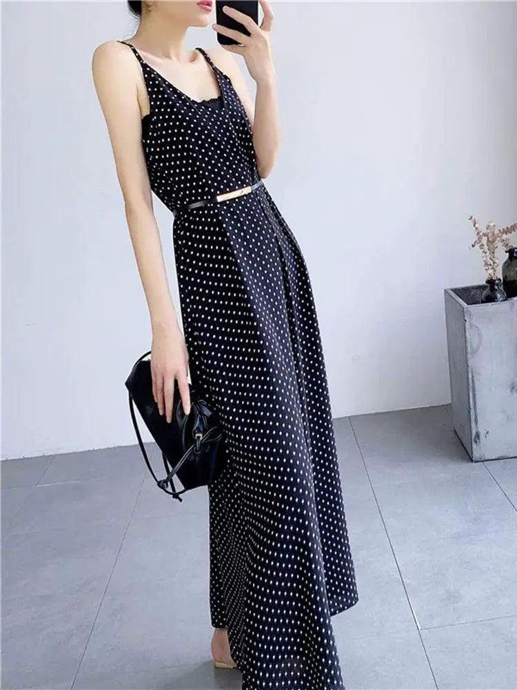 Black Polka Dot A Line Summer Dress With Pockets And Straps