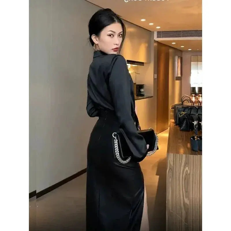 French Satin Zipper Shirt Sophisticated Black Retro Style