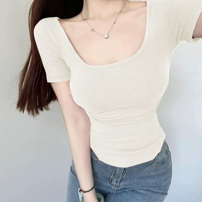 Sexy Square Collar Short Sleeve T Shirt Women Summer 2024