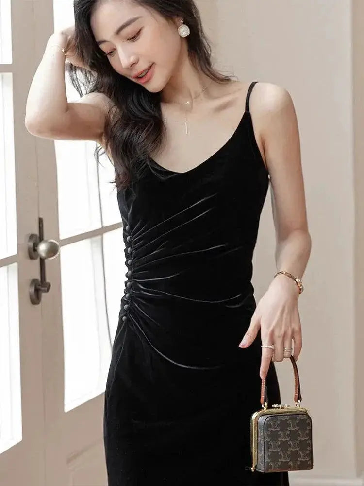 Black Velvet French Retro A Line Dress Vintage Elegance
