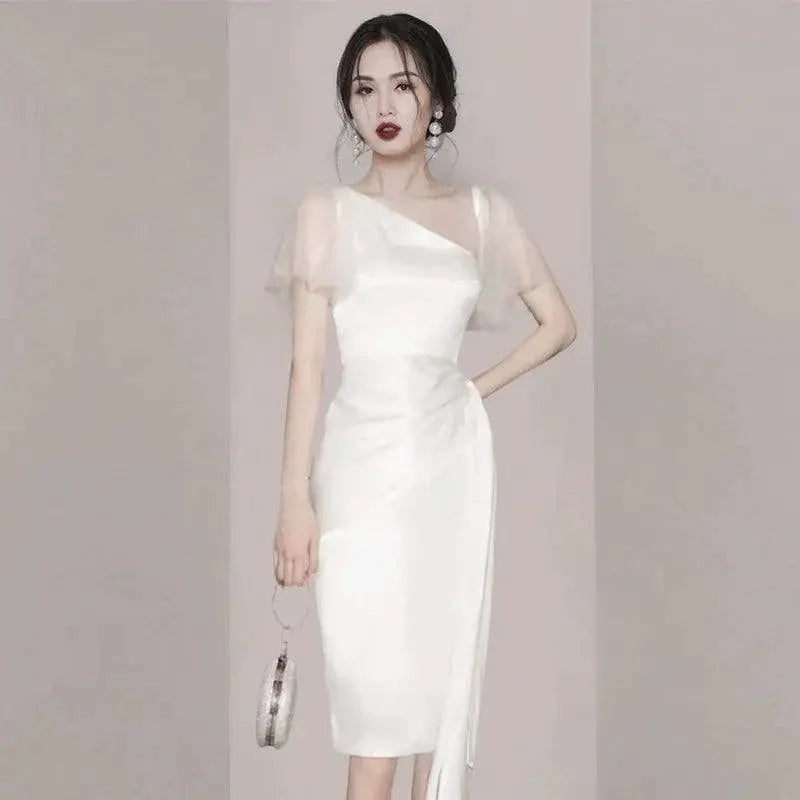 Autumn Elegance Korean Chic Oblique Collar Dress Style